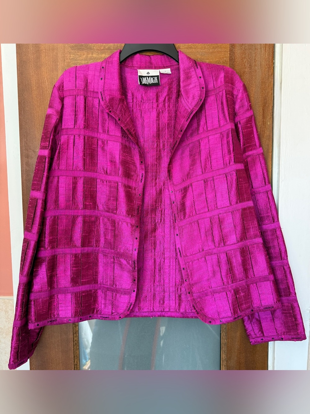Yak Magik Fuchsia Pink Textured Patchwork Silk Open Sequin Jacket Blazer - Lge